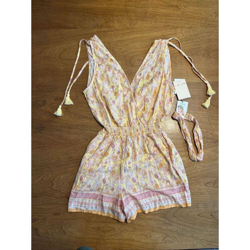 NWT Bebop Women's Floral Tassel Smocked Waist Headband Romper Yellow Size Medium